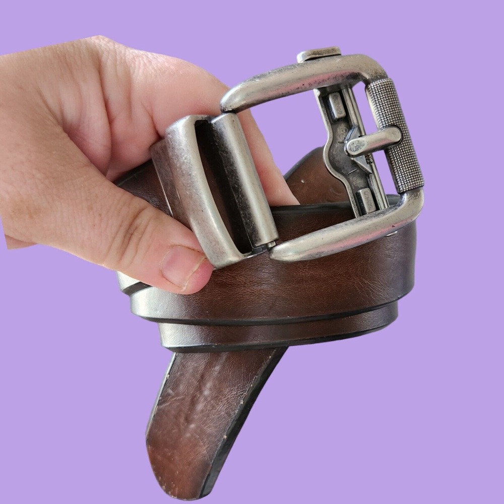 Vegan leather men's belt Brown Ratchet Slider silver metal buckle 33 41 casual - Picture 6 of 6